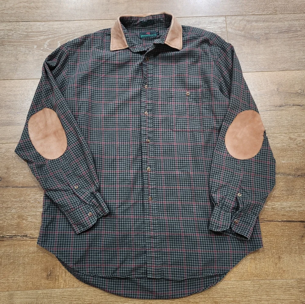 Vtg Abercrombie and Fitch men's long sleeve flannel plaid shirt lrg elbow patch - Picture 2 of 12